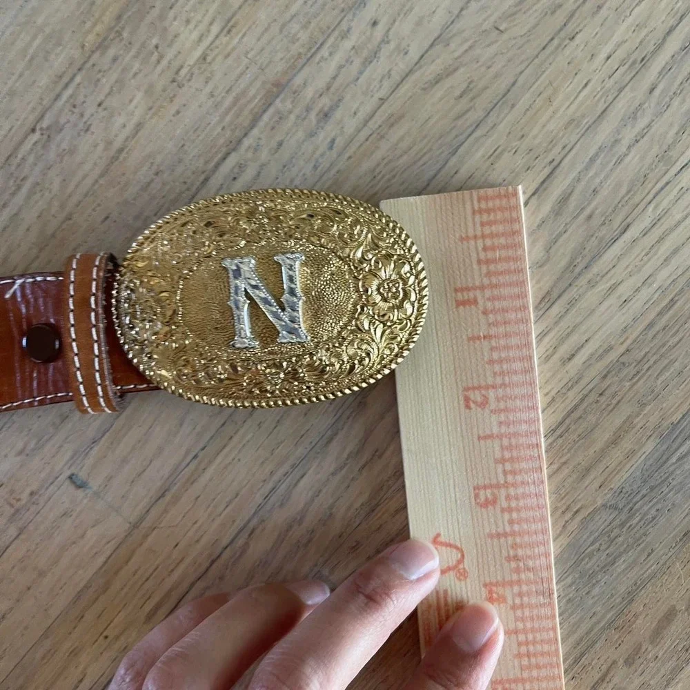 Vintage Crumrine Braided Belt Initial N Gold Tone Bronze Western Womens Size 28‎